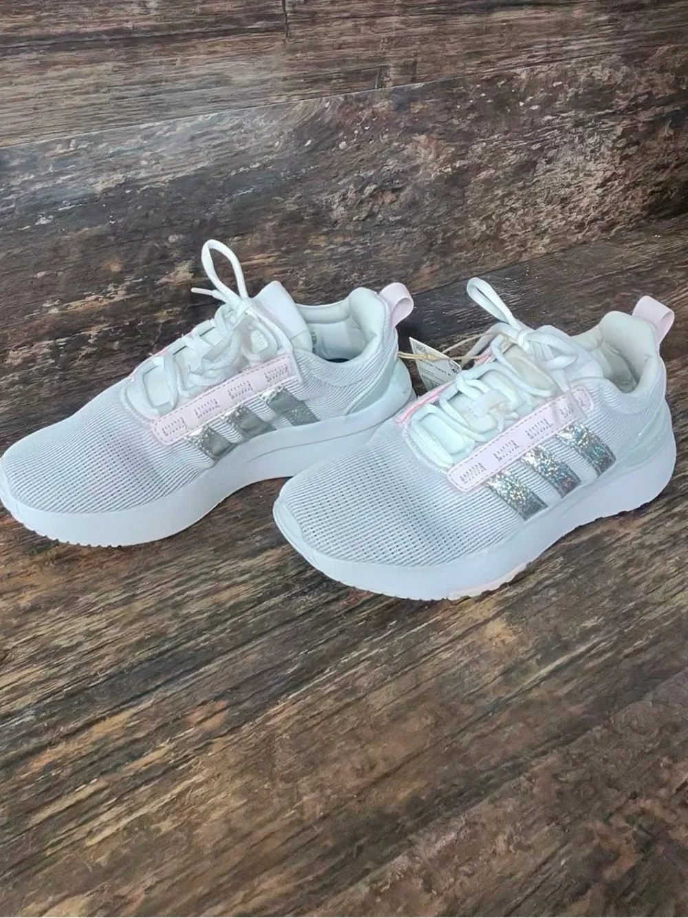 adidas Girls White Athletic Sneakers with Pink Accents